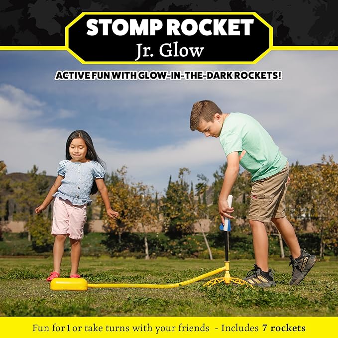 Stomp Rocket Jr Glow Rocket Launcher for Kids, 7 Rockets - Glow in The Dark Fun Backyard & Outdoor Kids Toys Gifts for Boys & Girls -Toy Soft Foam Blaster Set - Multi-Player Adjustable Launcher Stand