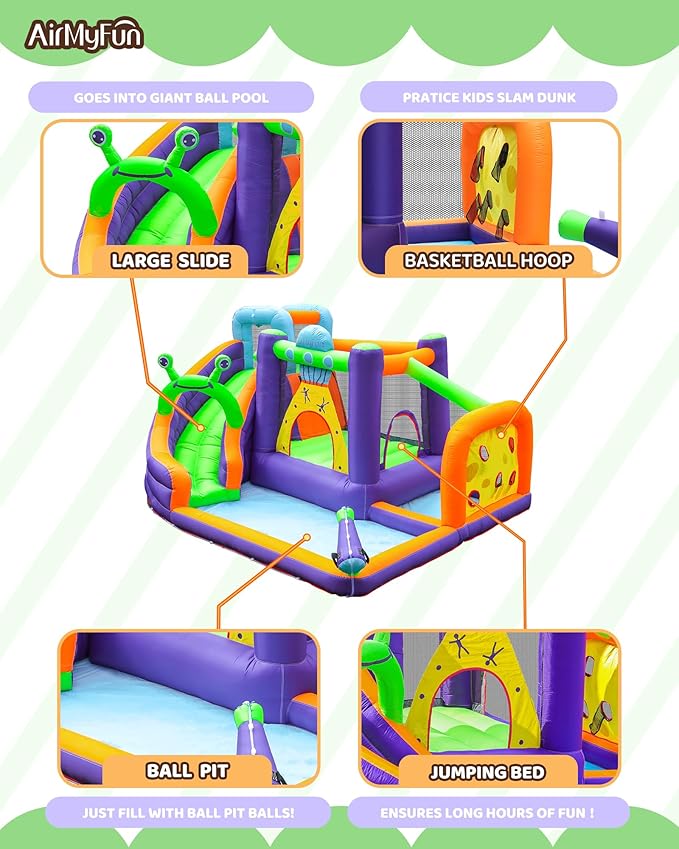 AirMyFun Water Bounce House Inflatable Water Slide Park for Kids Aged 3-10 with Long Slide, Water Gun and Ball Pool Play House for Outdoor Backyard
