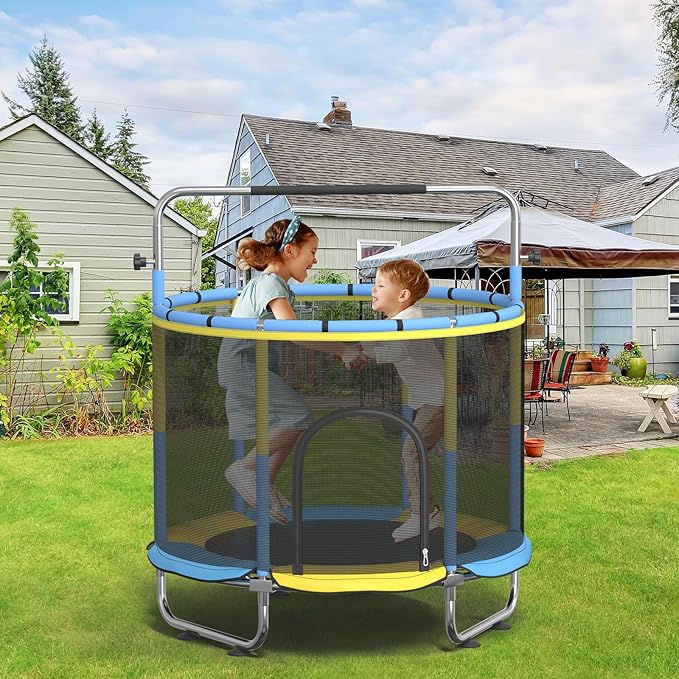 60" Trampoline for Kids, 500lbs Capacit Indoor Outdoor Toddler Trampoline with Adjustable Gymnastics Bar, Gifts for Boy Girl Age 1-8