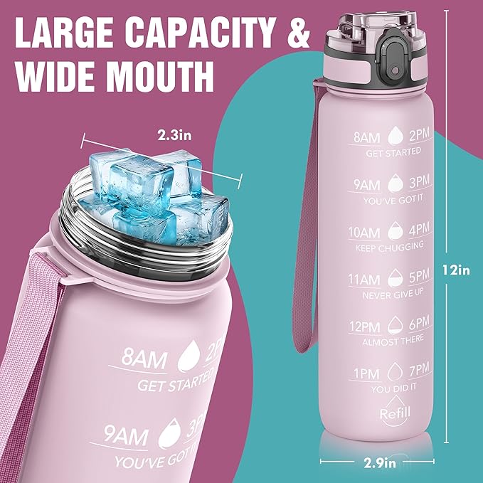 OLDLEY Water Bottle, 32oz Motivational Sports Water Bottle with Time Marker - Times to Drink - Tritan, BPA Free, Wide Mouth Leakproof, Peach (1 Bottle)