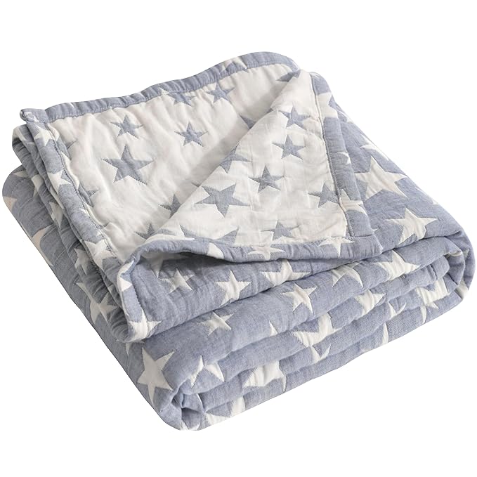 NTBAY 3 Layer Toddler Blanket, Muslin Cotton Jacquard Bed Blankets, Lightweight Thermal Baby Blanket, Super Soft and Warm Crib Blanket for All Seasons, Decoration Gift, 30"x40", Blue