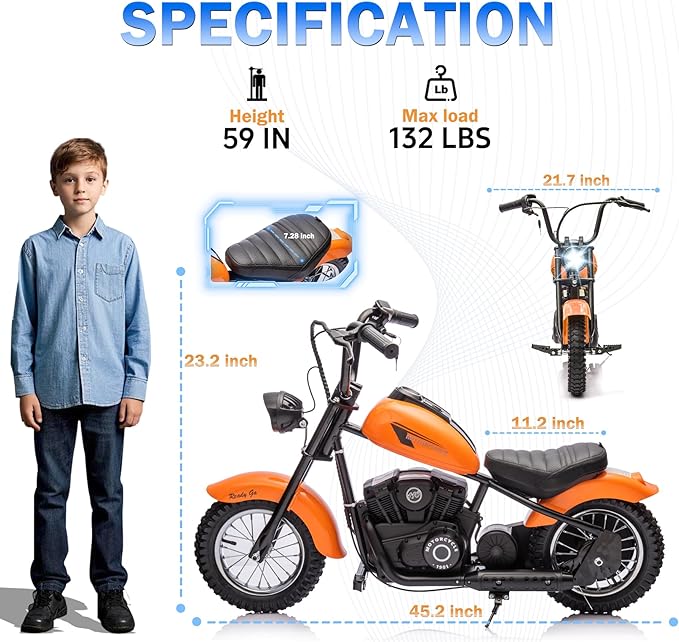 Electric Dirt Bike for Kids, 24V 9AH Ride on Toy for Big Kids, 250W Strong Motor 14MPH Fast Speed Electric Retro Off-Road Motorcycle, LED Lights, Orange