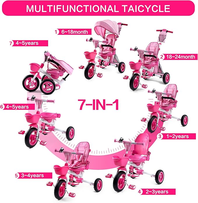 JMMD Baby Tricycle, 7-in-1 Folding Kids Trike with Adjustable Parent Handle, Safety Harness & Wheel Brakes, Removable Canopy, Storage, Stroller Bike Gift for Toddlers 18 Months - 5 Years(Pink)