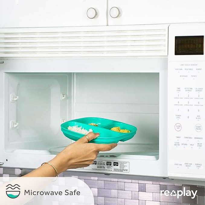 Re-Play Toddler Plates with Dividers - Deep-Walled 3 Compartments Divided Plates for Kids - Dishwasher & Microwave Safe - Made in USA - Set of 4-7.37" x 7.37" x 1.25" - Grey