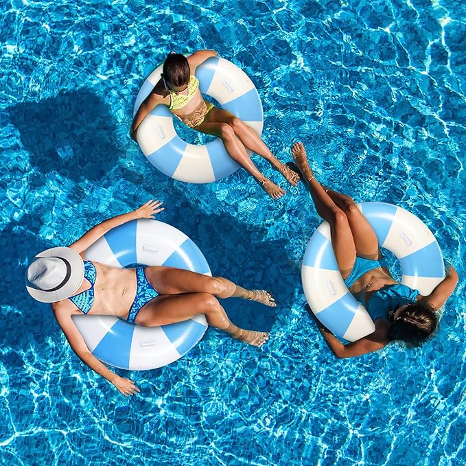 3 Pcs Large Swim Ring with Handles Set 47.24" 39.37" 35.43" Inflatable Pool Inner Tube Classic Striped Pool Ring Floats for Adults Teens Summer Lounger Beach Party Supplies