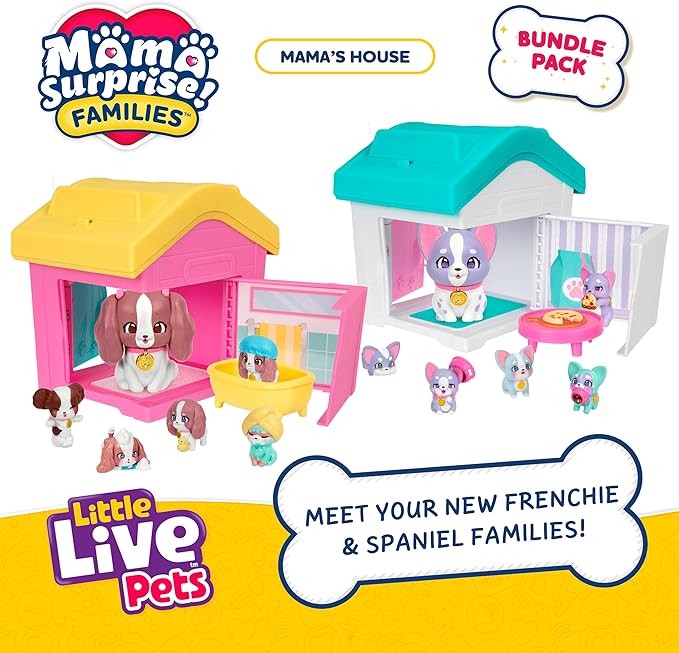 Little Live Pets Dog House Playset Bundle, Mama Surprise Families Frenchie and Spaniel Collection, Interactive Fold-Out Dog Playset Toy for Kids 5+