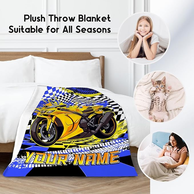 Personalized Blanket for Boys, Motorcycle Blankets Gifts, Custom Car Throw for Kids Grandson, Fluffy Flannel Throw for Men, 50"x60"