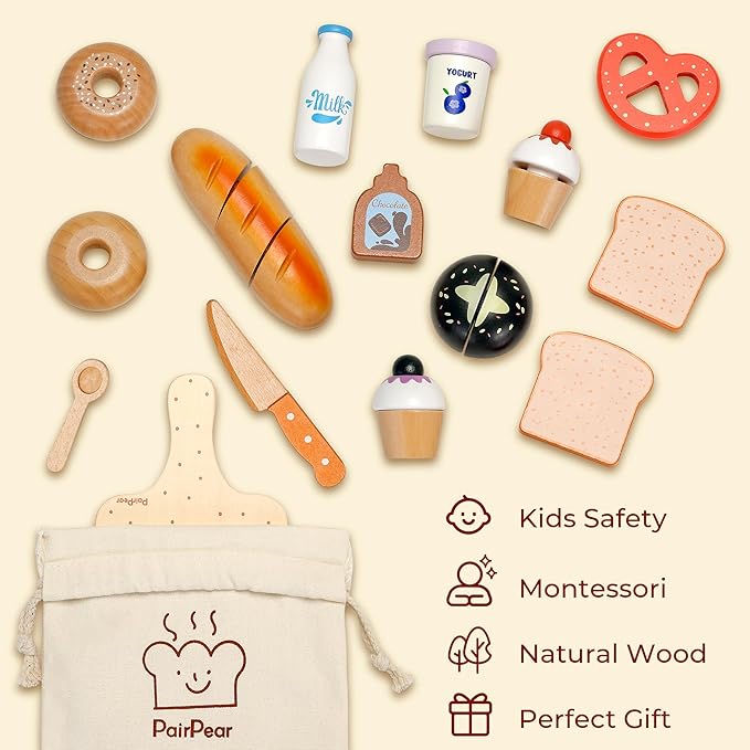 PairPear Wooden Bakery Toy Food Playset for Kids Kitchen, 22 PCS Play Food Kitchen Toys for Toddler 3+, Play Kitchen Accessories with Shopping Bag, Cutting Food Toys Gift for Boys and Girls