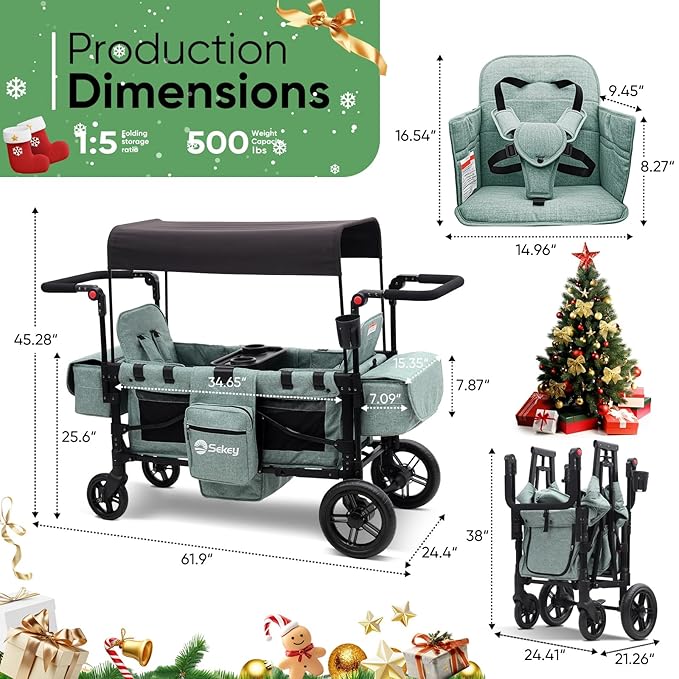 Sekey Wagon Stroller for 2 Kids, Luxury 4-in-1 Stroller Wagon - Premium Quality with Convertible Seats, Adjustable Push Handles, Removable Canopy, Snack Tray & Cooler, US Certified. Green
