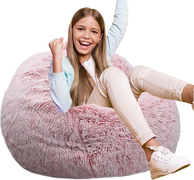 Fluffy Bean Bag Chair for Kids, 2.5FT Round Memory Foam Filled Bean Bag for Teens & Kids, Ultra Soft Faux Fur Fabric Bean Bag Chairs for Playroom, Living Room, Bedroom,Pink