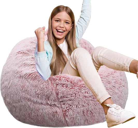 Fluffy Bean Bag Chair for Kids, 2.5FT Round Memory Foam Filled Bean Bag for Teens & Kids, Ultra Soft Faux Fur Fabric Bean Bag Chairs for Playroom, Living Room, Bedroom,Pink
