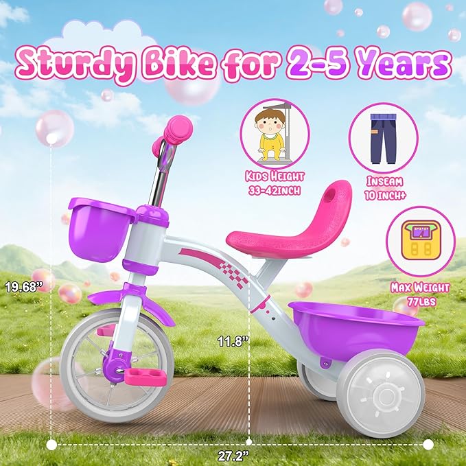 Toddler Tricycle for 1-3 3-4 Year Olds, Toddler Toys Baby Bike, Toys for Ages 2-4, 3-Level Adjustable Seat, 3 Colorful Lighting Wheels, 2 3 4 Year Old Girl Birthday Gifts