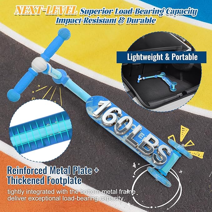 Kids Kick Scooter with Adjustable Height & LED Flash Wheels | 3 Growing Levels | Outdoor Fun for Boys & Girls