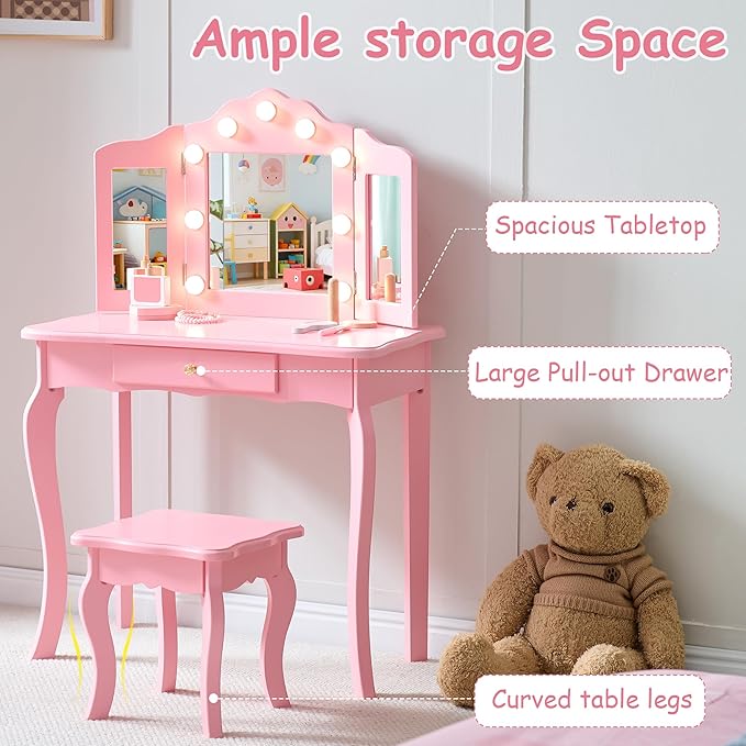 Kids Vanity with Lights, Princess Makeup Vanity Desk with Mirror and Stool, 2 in 1 Wooden Toddler Vanity Table & Chair Set for Little Girls