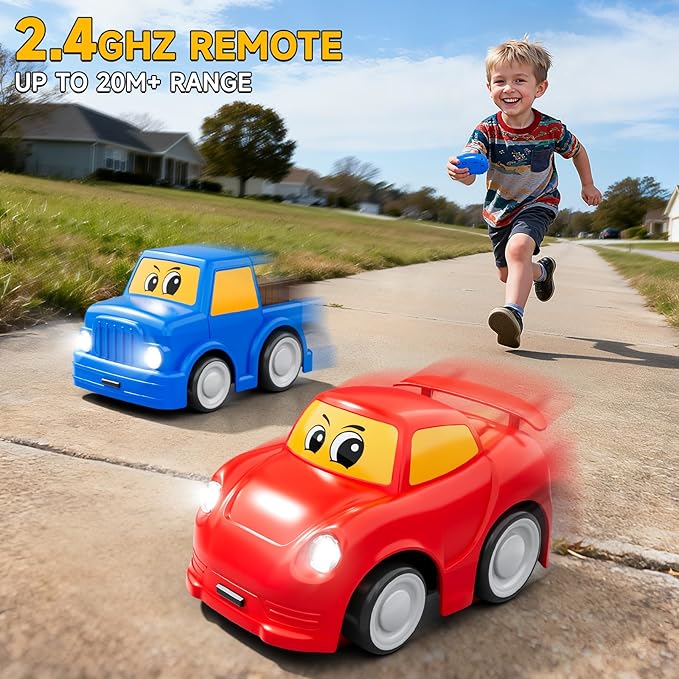 Remote Control Car 2 Year Old, Toddler RC Cars Ages 2-4 Boy, 2-Pack 2.4 GHz Truck and Race Car with Sound and Light, Easy Electrical Remote Control Toy Gifts for Boys Girls 3 4 5+ Year Old