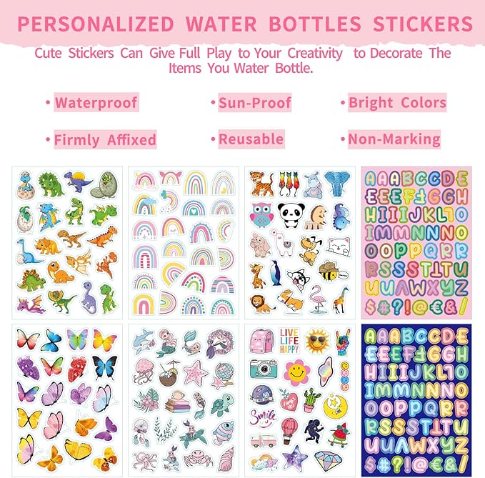 mininoo Girls Water Bottle for School, 16oz Stainless Steel Insulated Metal Water Bottle with Straw Lid for Boys (2 Pack)