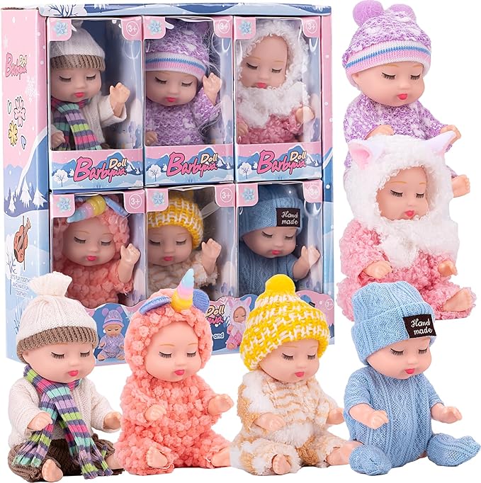 4 Inch Mini Baby Dolls 6pcs Gift Set Included Cute Small Baby Doll with Clothes Suitability Kids 3 and Up Birthday Christmas (Pink)