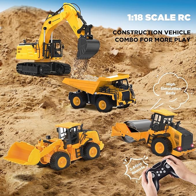 1:18 Metal RC Excavator Toy for Kids | 11-Channel Remote Control Construction Vehicle with Water Spray, Lights & Sounds, Dual 100-Min Batteries, 2025 New STEM Engineering Toy Gift for Boys Ages 6-12