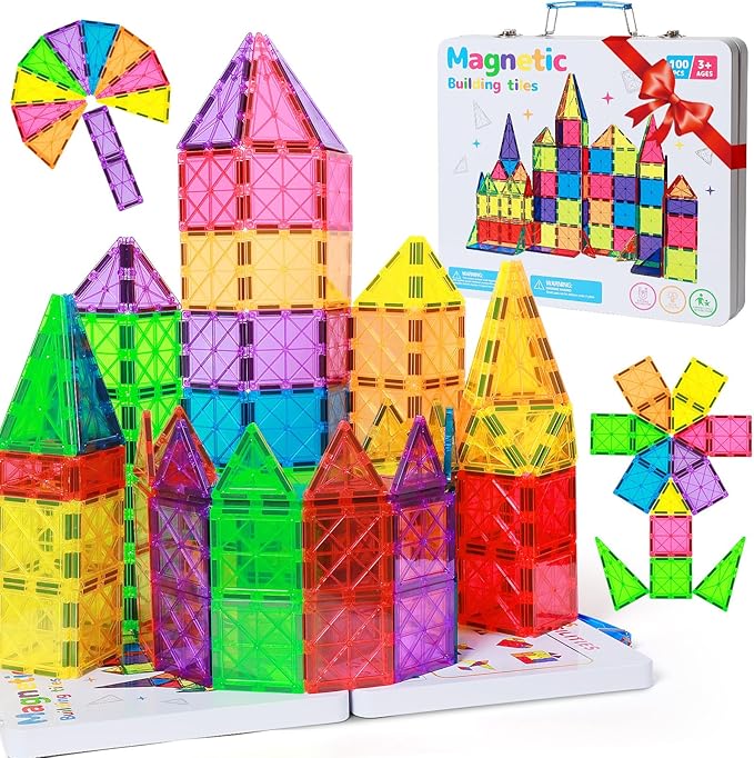 100Pcs Premium Magnetic Tiles Toys Set with Sturdy Iron Case, STEM Educational Building Blocks for Kids Ages 3-5 4-8, Montessori Sensory Toys, Creative Birthday Gifts for Toddler Boys & Girls
