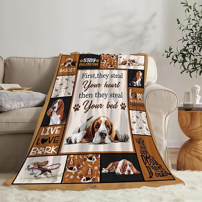 Basset Hound Blanket Ultra Soft Cozy Cute Dog Throw Blanket Fleece Fuzzy Plush Bedding Blanket Basset Hound Lovers Gifts for Women Girls Adults Couch Sofa 60"x50"