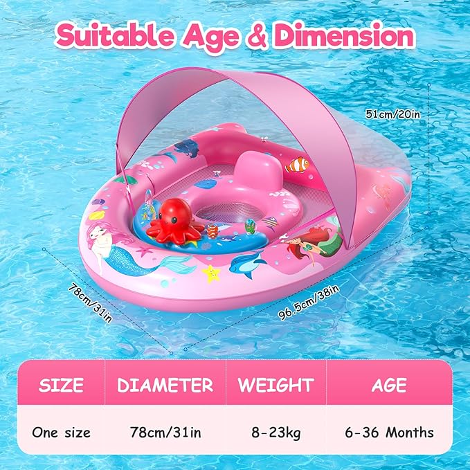 Sunrad Baby Pool Float with Canopy UPF50+ Sun Protection, Inflatable Baby Swim Float with Toy Play Console & Adjustable Safety Seat, Toddler Infant Pool Floaties for 6-36 Months