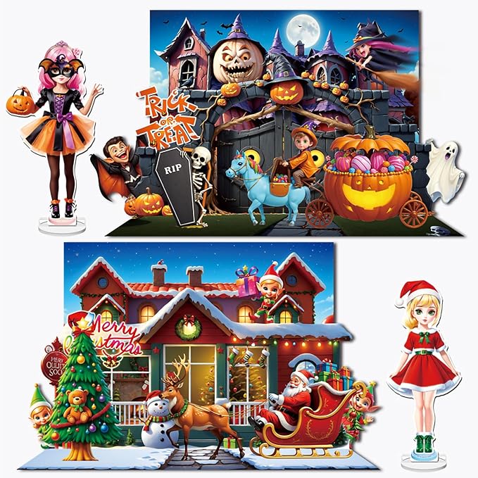 Halloween Magnetic Dress Up Dolls for Kids, Spooky Witch & Pumpkin Fairy Costume Dress Up Set with 3D Haunted House Scene, Travel Activity Toy Gift for Toddler Girls & Boys Ages 3 4 5 6 7