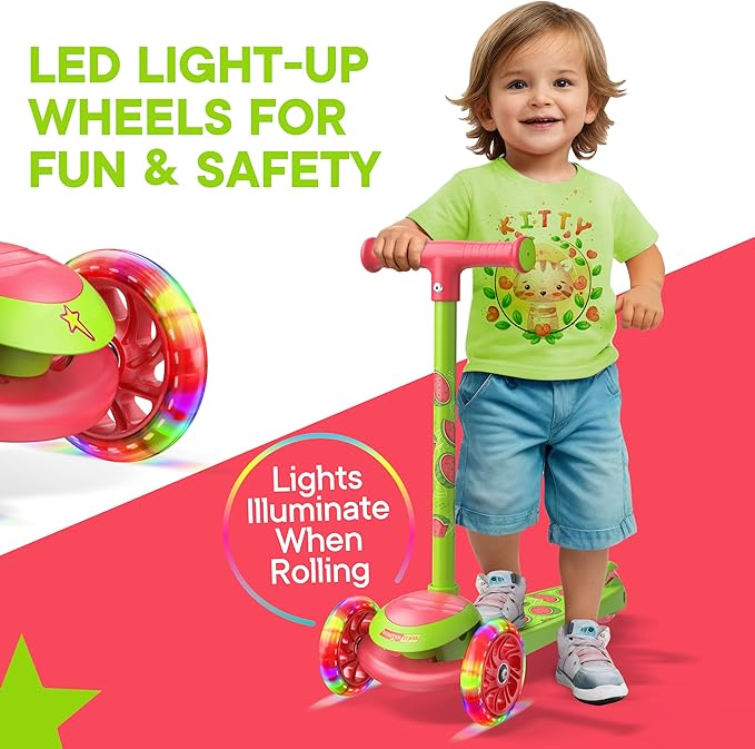 3 Wheel Scooter for Kids, Smooth Light Up LED Front Wheels, Wide Anti Slip Deck, Rear Foot Brake, Easy Lean to Steer Maneuvering, Indoor & Outdoor Ride On Toys for Ages 2 Up