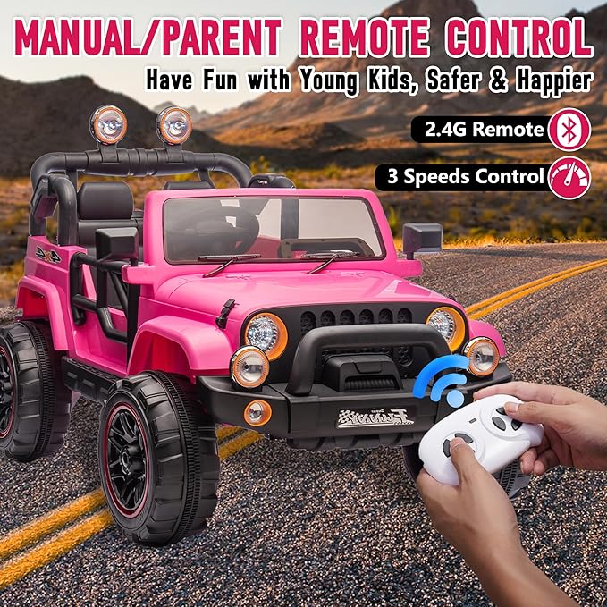 24V XL Kids Electric Ride on Truck Car 2 Seater Remote Control for Toddlers 2-8, 160W 2 Motors 5MPH Max Speed, Bluetooth USB Music Player, LED Lights Safety Belt, Gift for Boys Girls, Pink