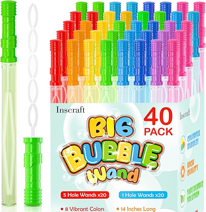 Inscraft 40 Pack 14’’ Big Bubble Wands, 8 Colors Mix Bulk for Summer Toy, Outdoor/Indoor Activity Use, Easter, Birthday, Graduation, Shower, Bubbles Party Favors Supplies for Kids
