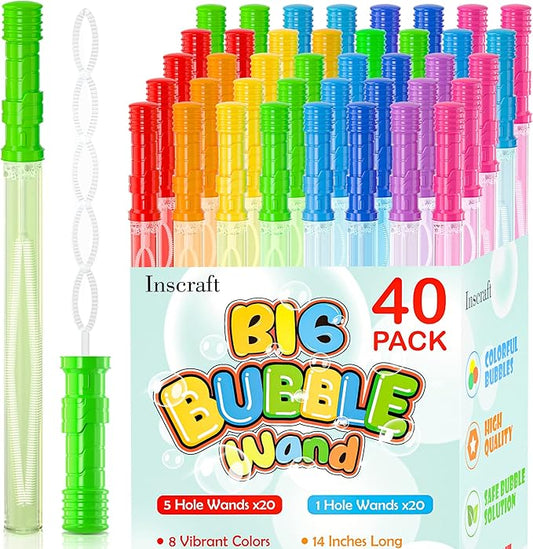 Inscraft 40 Pack 14’’ Big Bubble Wands, 8 Colors Mix Bulk for Summer Toy, Outdoor/Indoor Activity Use, Easter, Birthday, Graduation, Shower, Bubbles Party Favors Supplies for Kids
