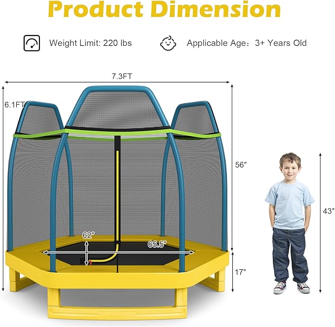 GYMAX Trampoline for Kids, 7FT Toddler Trampoline with Safety Enclosure Net & Seamless Spring Pad, Heavy Duty Small Indoor/Outdoor Trampoline for Boys, Girls Age 3+
