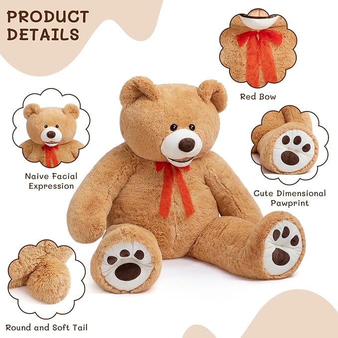 HollyHOME 6ft Teddy Bear Giant Teddy Bear Stuffed Animal with Embroidered Paws Holiday Valentine's Toy Gift for Girlfriend Kids 72 inches Brown