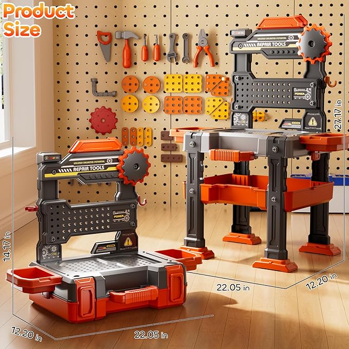 Kids Tools Toy Sets for Aged 3 4 5 6 7 8, 2 in 1 Workbench Toys for Toddlers 3-5, Pretend Play Toolbox, Construction Mechanic Set with Sound, Educational Birthday Gift for Boys Girls Ages 3-8