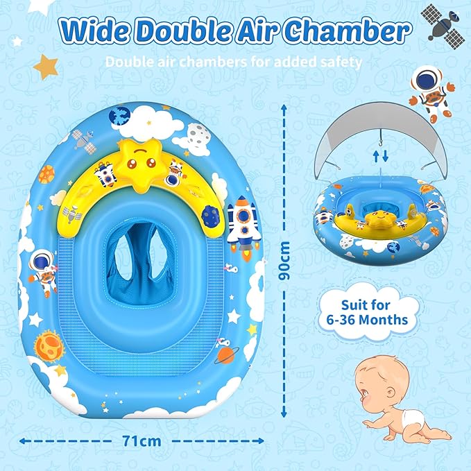 Baby Pool Float with Canopy UPF50+ Sun Protection, Inflatable Kids Pool Floats Infant Swimming Float with Toy Play Console Adjustable Safety Seat for Kids Girls Boys Aged 6-36 Months
