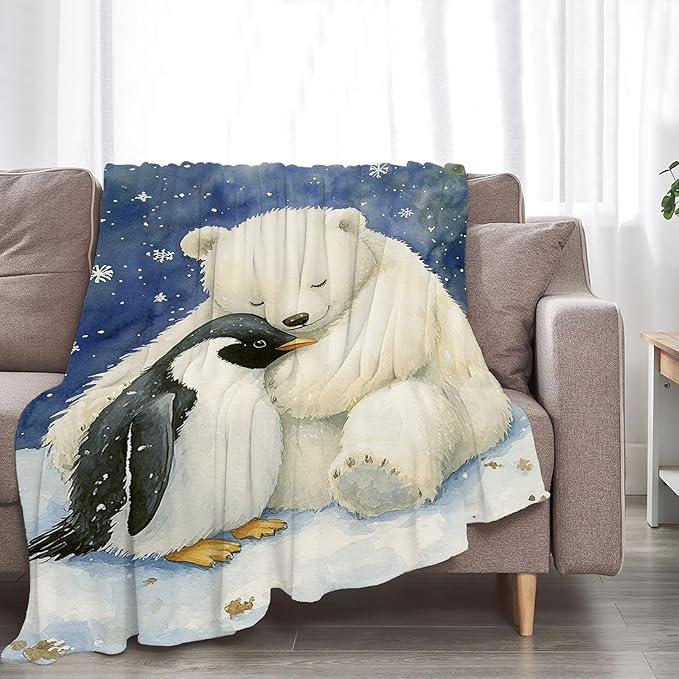 White Bear Blanket Ultra Soft Cozy Penguin Polar Bear Throw Blanket Fleece Fuzzy Plush Animal Blanket Decor Gifts for Women Girls Adults Couch Sofa 80"x60"