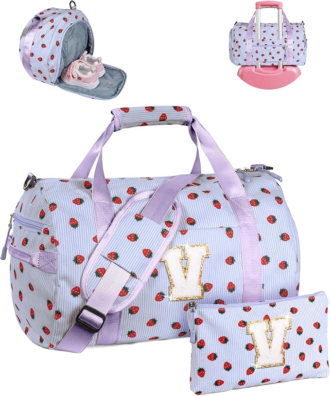Tween Girl Gifts Trendy Stuff, Girls Gym Bag, Kids Personalized Overnight Duffle Bags with Shoe Compartment, Monogram Travel Tote with Makeup Bag, Trip Essentials for Kid (Letter V)