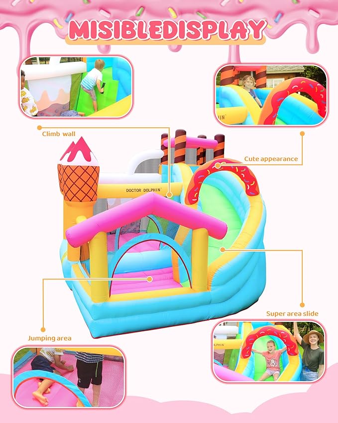 Doctor Dolphin Inflatable Bounce House with Air Blower, Bouncy Castle for Toddlers, Kids Jumping and Slide Castle for Indoor & Outdoor
