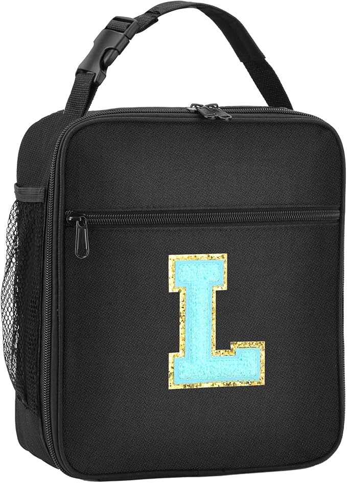 Initial Insulated Lunch Bag, Lunch Box with Initial Letter Patch for Teen Adult, Reusable Lunch Bag for Men Women, Ideal Back to School Gift Birthday Gift, Blue L