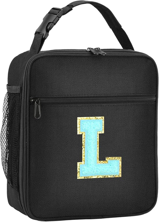 Initial Insulated Lunch Bag, Lunch Box with Initial Letter Patch for Teen Adult, Reusable Lunch Bag for Men Women, Ideal Back to School Gift Birthday Gift, Blue L