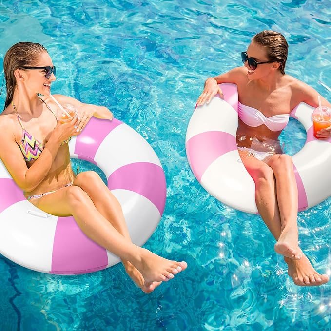 3 Pcs Large Swim Ring with Handles Set 47.24" 39.37" 35.43" Inflatable Pool Inner Tube Classic Striped Pool Ring Floats for Adults Teens Summer Lounger Beach Party Supplies
