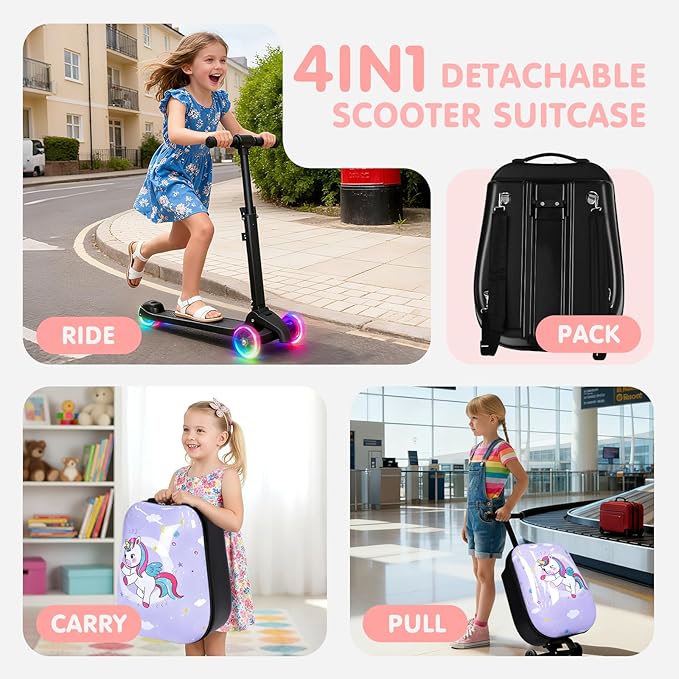 smilesun 4-in-1 Detachable Scooter Suitcase for Kids & Teenagers, Lightweight Hardside Ride-On Suitcase, Foldable Design, Perfect Travel Gift for Girls (Purple, 22-inch)