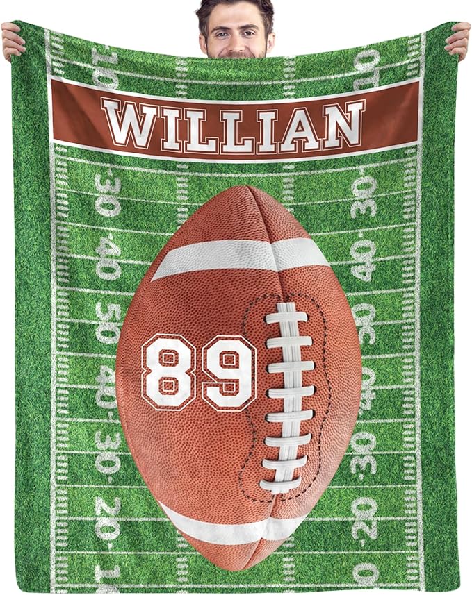 Personalized Football Blankets with Name Numbers, Custom Football Team Game Throw Flannel Blankets Stuff Gifts for Boys Sports Lover Fans Kids Adult