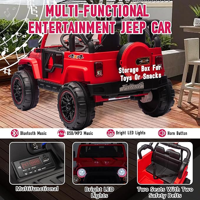 24V XL Kids Electric Ride on Truck Car 2 Seater Remote Control for Toddlers 2-8, 160W 2 Motors 5MPH Max Speed, Bluetooth USB Music Player, LED Lights Safety Belt, Gift for Boys Girls, Red