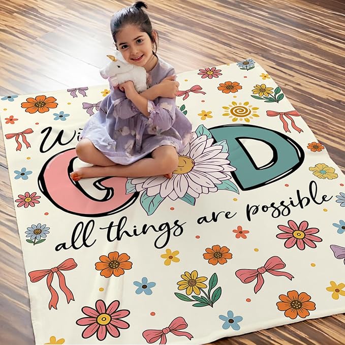 Christian Blanket Gifts for Kids Girls Christian Gift for Toddlers Kids Girls Age 3-4, 30" x 40" Cute Soft Lightweight Flannel Cozy Fuzzy Comfy Floral Throws for Couch, Sofa, Bed, Lap, Travel