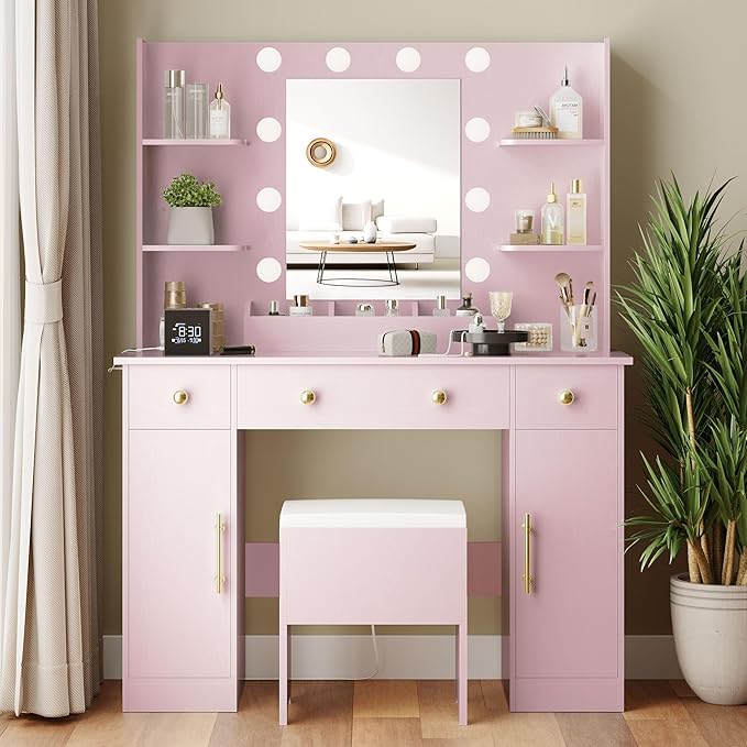Makeup Vanity Desk with Mirror and Lights, 43" Pink Vanity Set with Chair, 3 Drawers, Power Outlet & Adjustable RGB LED Lights, Dressing Table with Storage Shelf for Women & Girls Bedroom