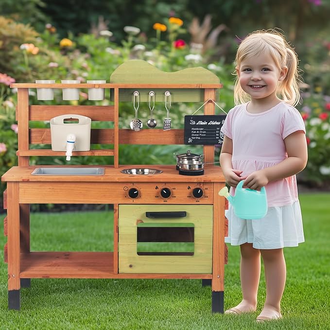 Outdoor Kitchen for Kids,Mud Kitchen Wooden Toy Playset with Kettle, Sink, Wooden Plant Container and Kitchen Accessories, for Children Ages 3+ Years (Green)