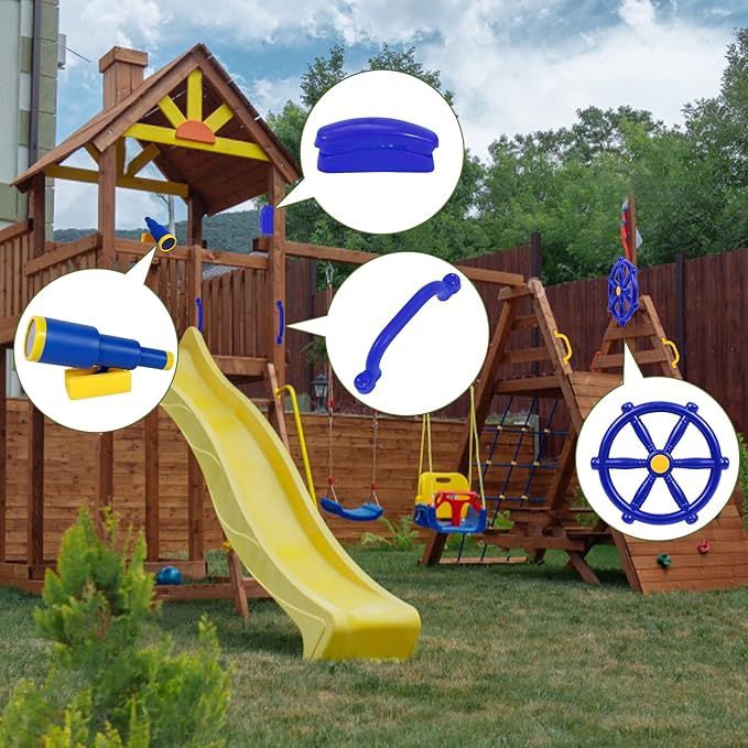 RedSwing Playground Accessories for Kids Outdoor, Playground Equipment Set for Backyard Playhouse, Swingset Attachments with Pirate Ship Wheel, Toy Telescope, Telephone and Safety Handles, Blue