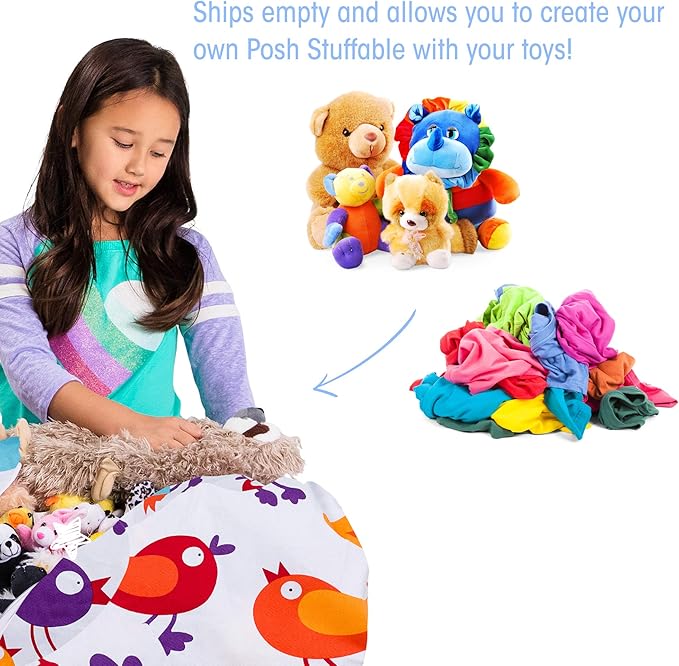 Posh Creations Stuffable Kids Stuffed Animal Storage Bean Bag Chair Cover - Childrens Toy Organizer Medium 27" - Canvas Birds on White