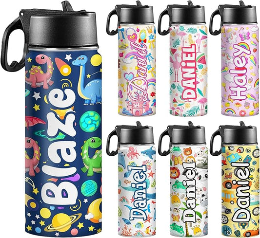 Personalized Water Bottles for Kids for School 18oz Custom Name Insulated Stainless Steel Cup with Straw Lid for Boy Girl Children Customized Sport Tumblers Back to School Birthday Gift BPA FREE