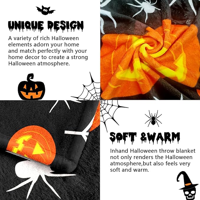 Wajade Spider Web Throw Blanket Halloween Black Blanket, Halloween Spider Web Pumpkin Velvet Fleece for Sofa Bed Couch Chair Dorm 50" x 60"